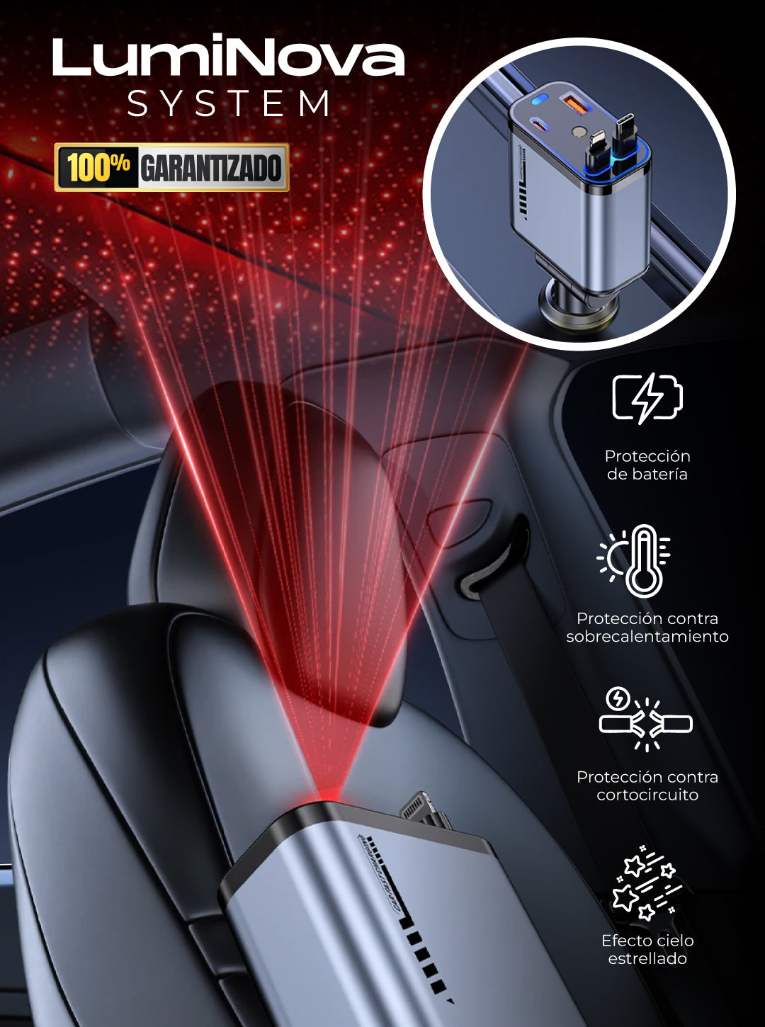 LUMINOVA CARGADOR CON LUZ LED PARA CARRO